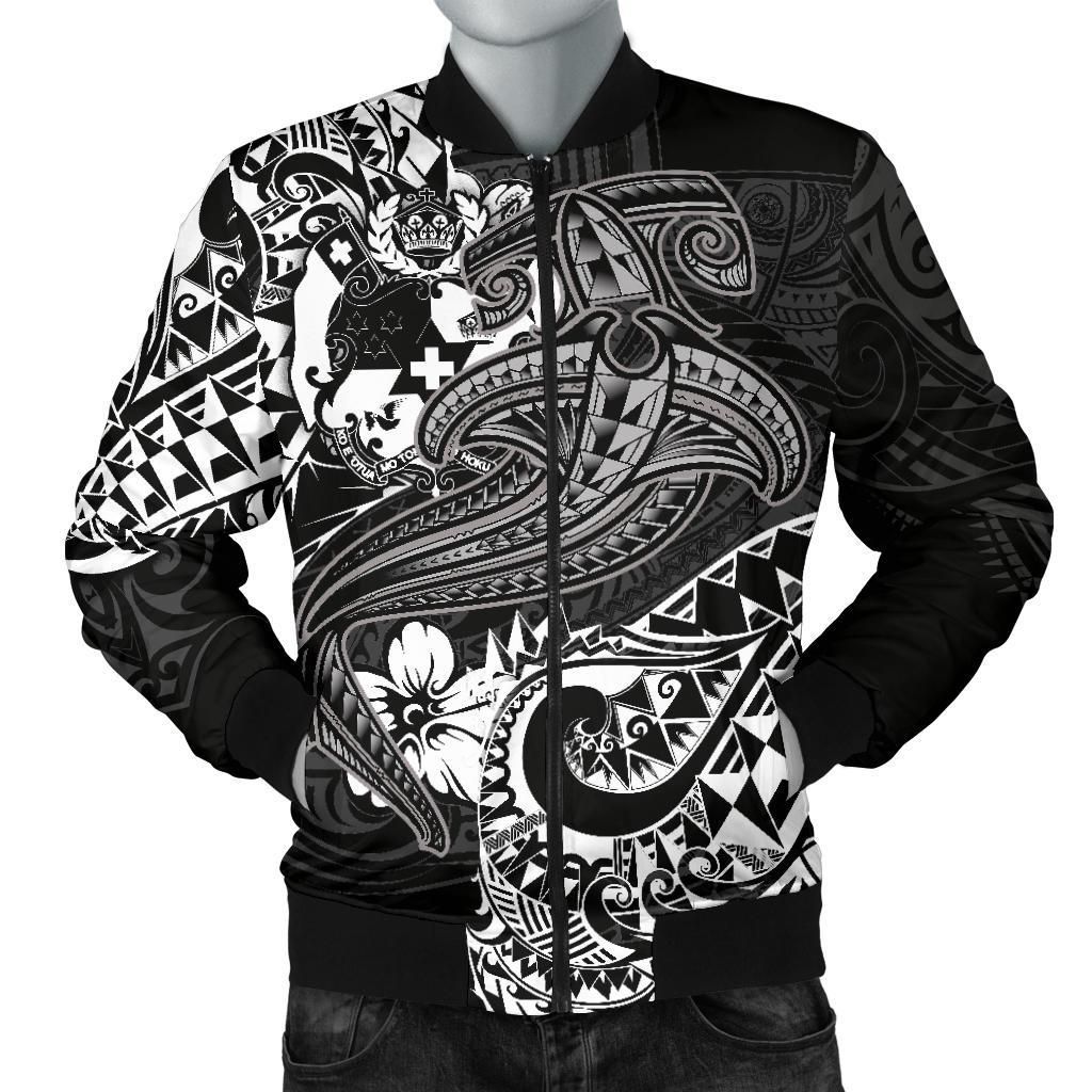 Tonga Men's Bomber Jacket - White Shark Polynesian Tattoo - BN18 Bomber Jacket Tonga Men's Bomber Jacket - White Shark Polynesian Tattoo - BN18 Bomber Jacket