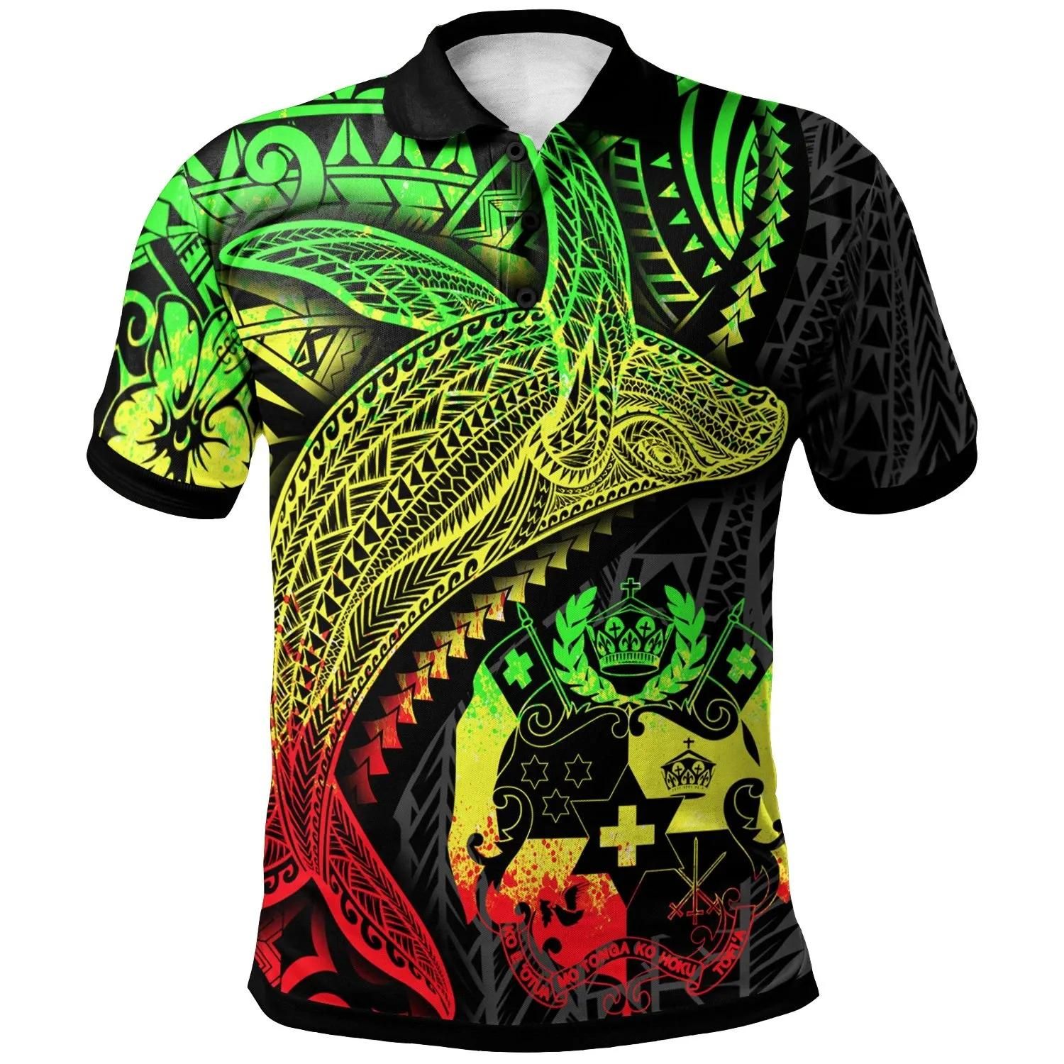Tonga Polo Shirt - Humpback Whale & Coat of Arms Reggae - BN1922 Tonga Polo Shirt - Humpback Whale & Coat of Arms Reggae - BN1922