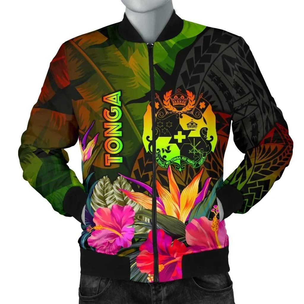Tonga Polynesian Men's Bomber Jacket - Hibiscus and Banana Leaves - BN15 Bomber Jacket Tonga Polynesian Men's Bomber Jacket - Hibiscus and Banana Leaves - BN15 Bomber Jacket