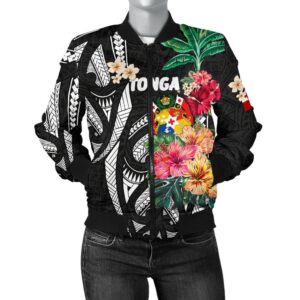 Tonga Women's Bomber Jacket Coat Of Arms Polynesian With Hibiscus TH5 Bomber Jacket