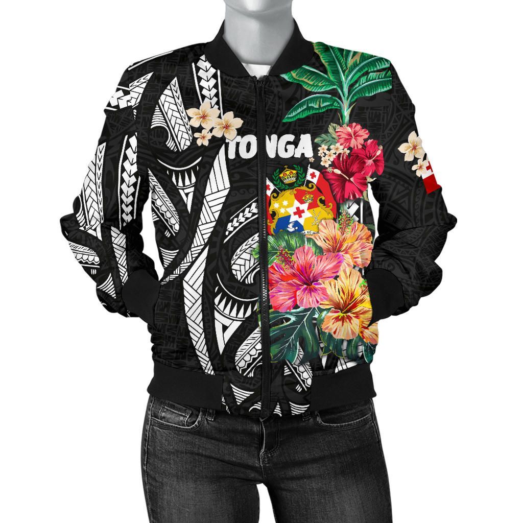 Tonga Women's Bomber Jacket Coat Of Arms Polynesian With Hibiscus TH5 Bomber Jacket Tonga Women's Bomber Jacket Coat Of Arms Polynesian With Hibiscus TH5 Bomber Jacket