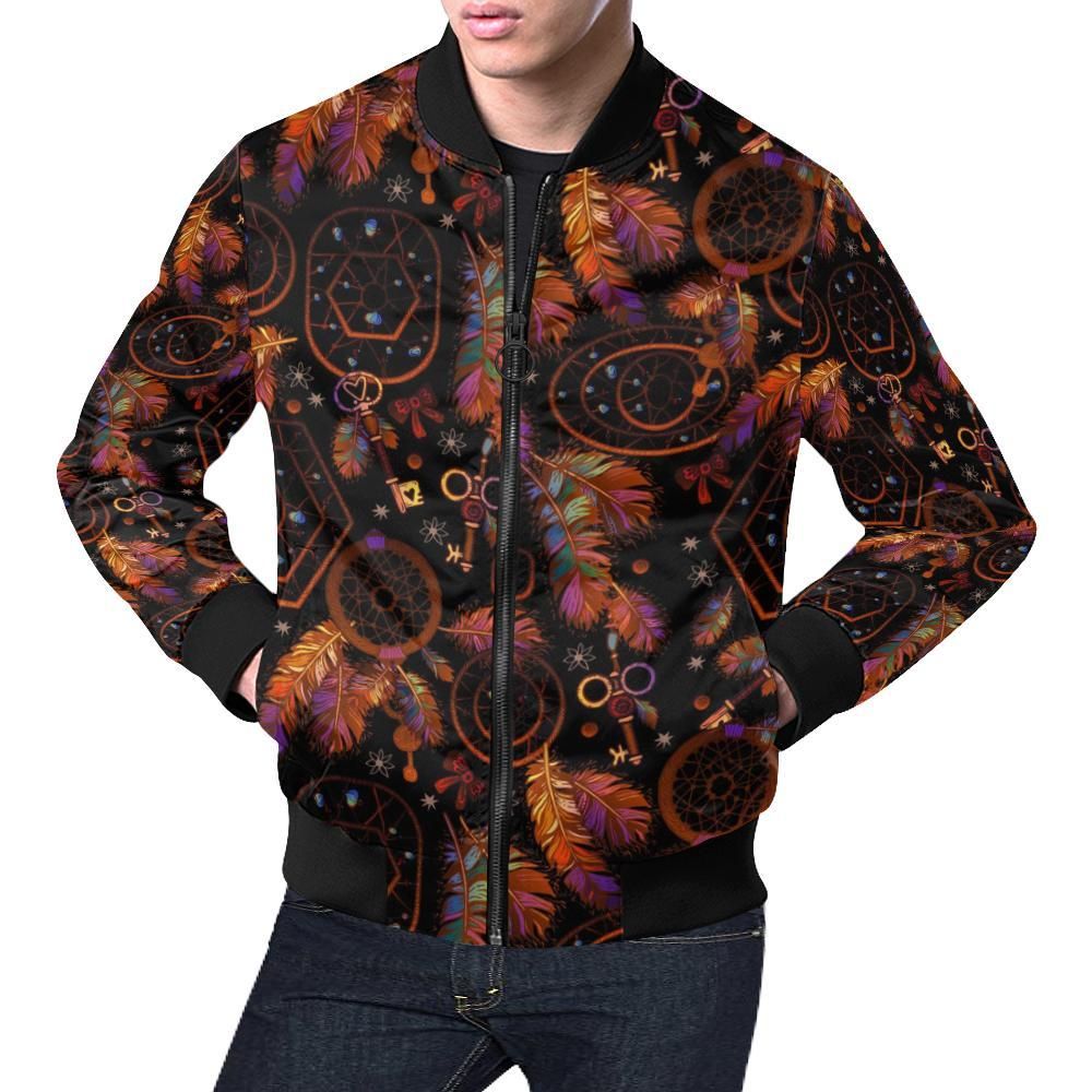 Tribal Dream Catcher Feather Pattern Print Mens Bomber Jacket Tribal Dream Catcher Feather Pattern Print Mens Bomber Jacket