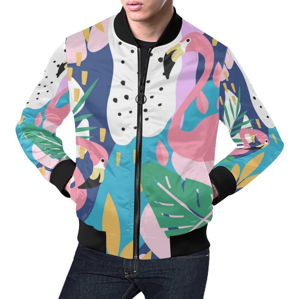 Tropical Flamingo Palm Leaves Hawaiian Pattern Print Mens Bomber Jacket Tropical Flamingo Palm Leaves Hawaiian Pattern Print Mens Bomber Jacket