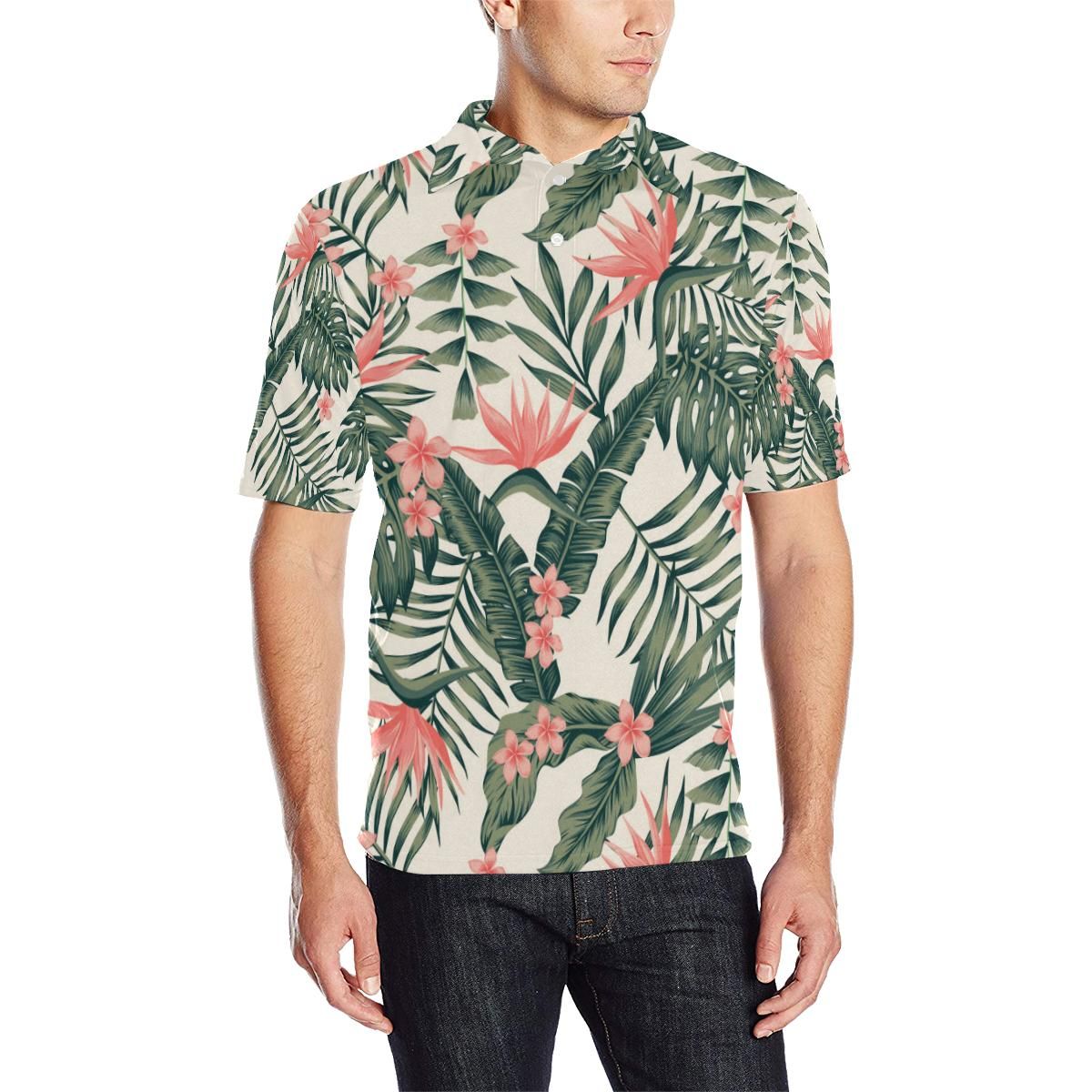 Tropical Flower Palm Leaves Men Polo Shirt Tropical Flower Palm Leaves Men Polo Shirt