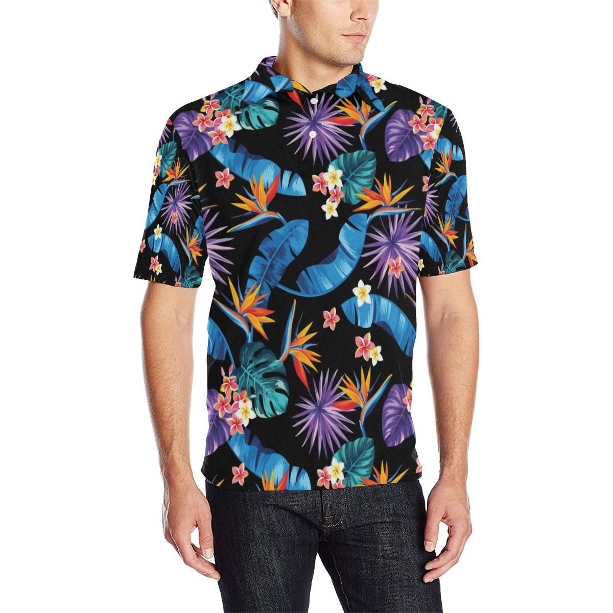 Tropical Flower Pattern Print Design Tf018 Men Polo Shirt Tropical Flower Pattern Print Design Tf018 Men Polo Shirt
