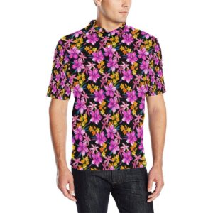 Tropical Folower Pink Hibiscus Print Men Polo Shirt