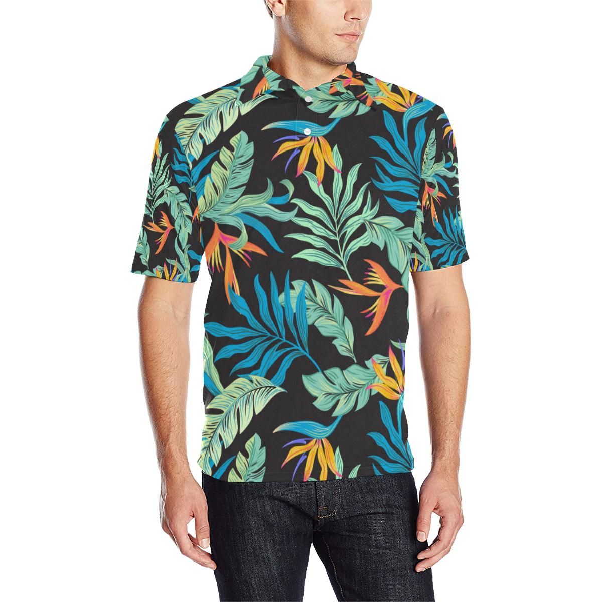 Tropical Palm Leaves Hawaiian Flower Men Polo Shirt Tropical Palm Leaves Hawaiian Flower Men Polo Shirt