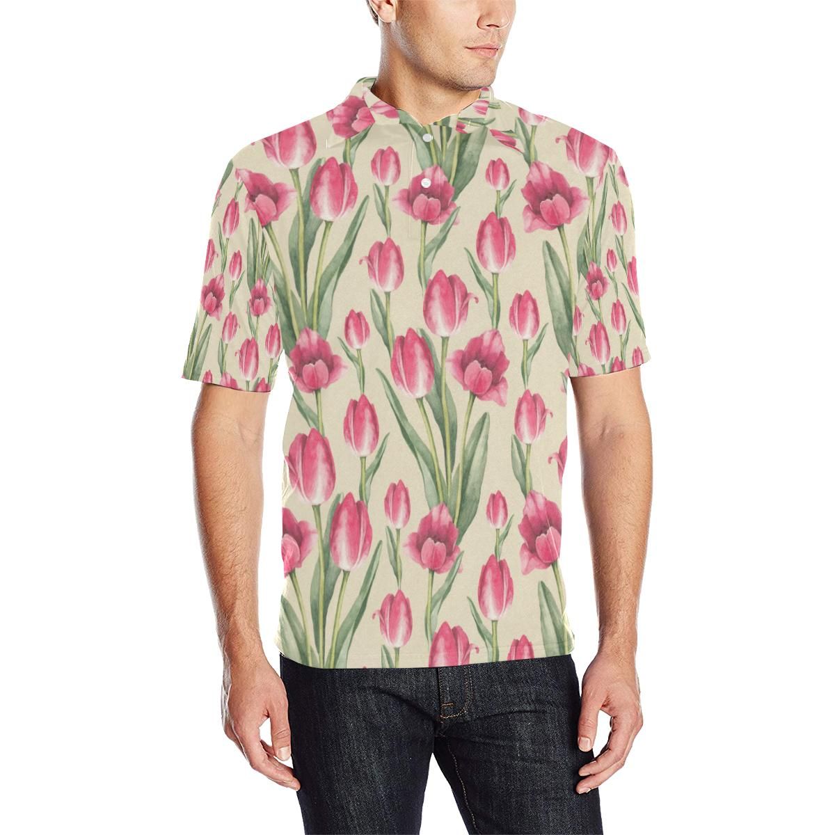 Tulip Pink Pattern Print Design Tp06 Men Polo Shirt Tulip Pink Pattern Print Design Tp06 Men Polo Shirt