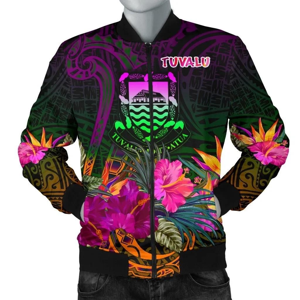 Tuvalu Men's Bomber Jacket - Summer Hibiscus - BN15 Bomber Jacket Tuvalu Men's Bomber Jacket - Summer Hibiscus - BN15 Bomber Jacket