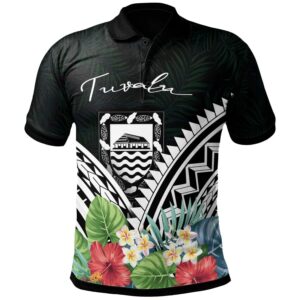 Tuvalu Polo Shirt - Tuvalu Coat of Arms & Polynesian Tropical Flowers White - BN22