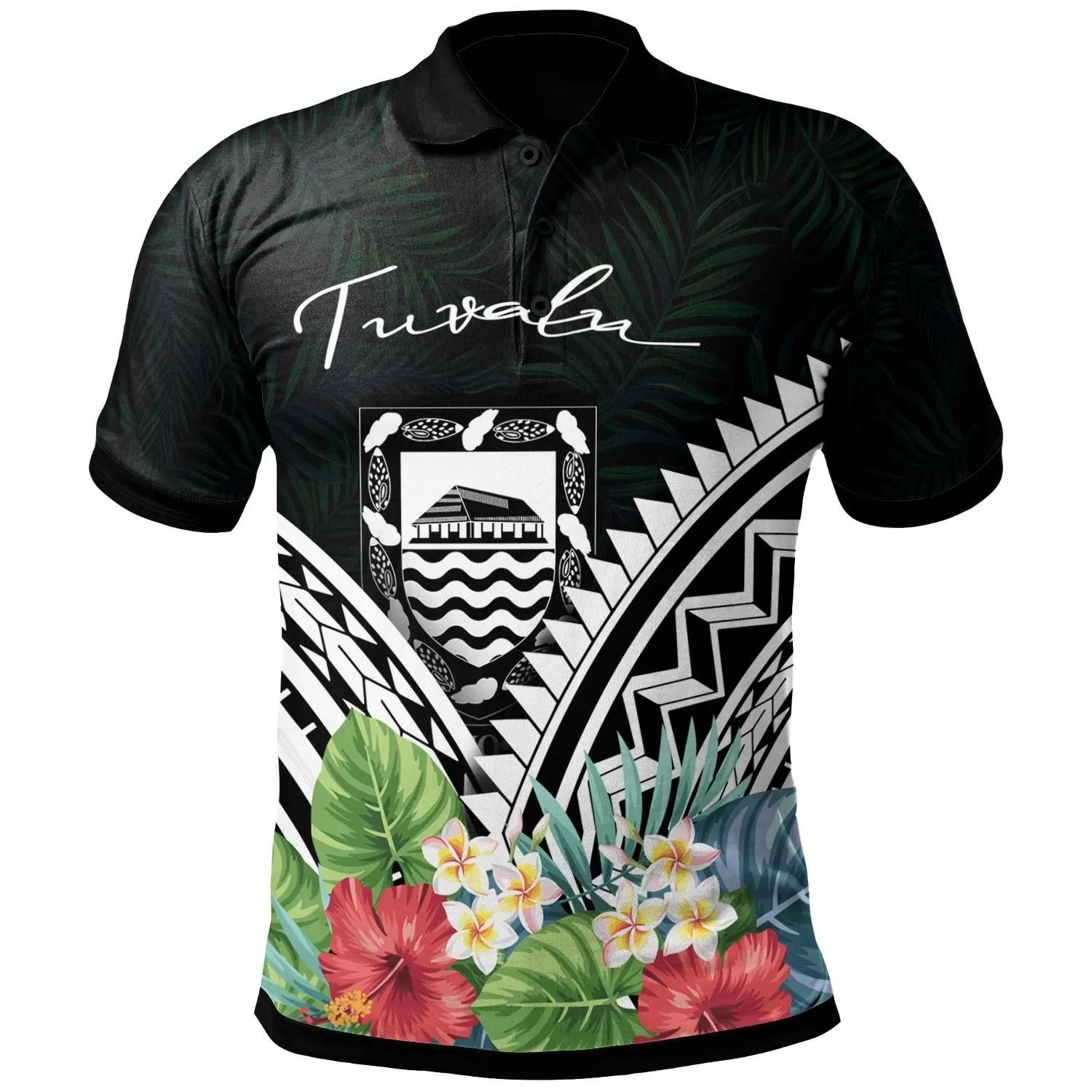 Tuvalu Polo Shirt - Tuvalu Coat of Arms & Polynesian Tropical Flowers White - BN22 Tuvalu Polo Shirt - Tuvalu Coat of Arms & Polynesian Tropical Flowers White - BN22