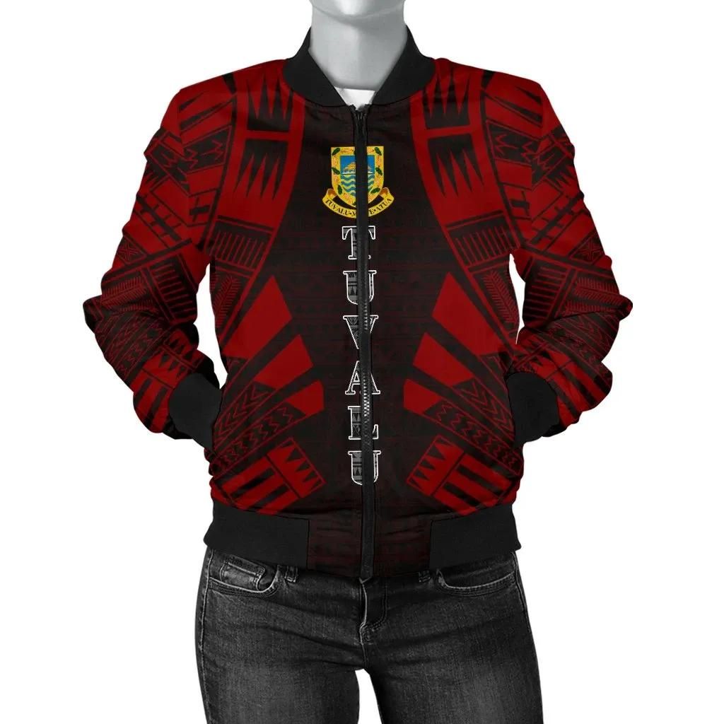 Tuvalu Women Bomber Jacket - Polynesian Tattoo Red - BN0110 Bomber Jacket Tuvalu Women Bomber Jacket - Polynesian Tattoo Red - BN0110 Bomber Jacket