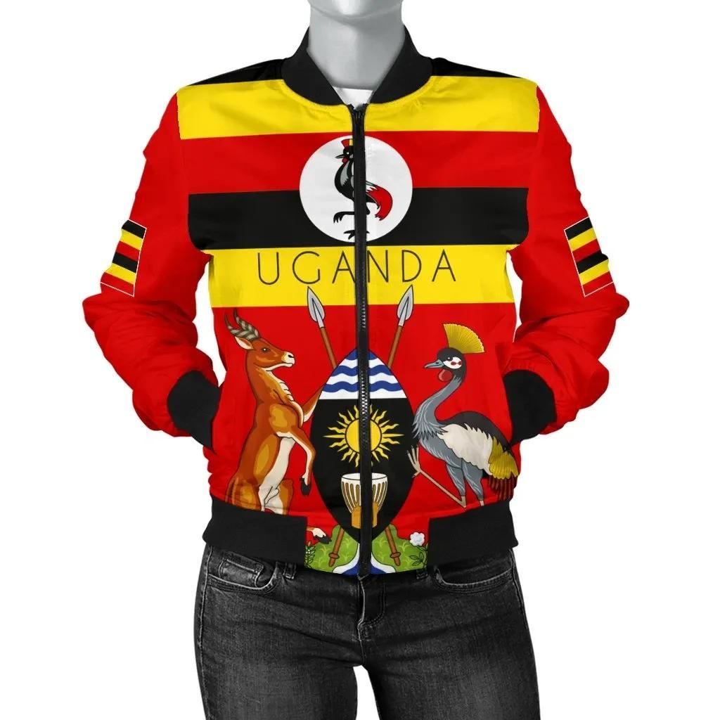 Uganda Pride Women's Bomber Jacket - Uganda Flag with Grey Crowned Crane - BN21 Bomber Jacket Uganda Pride Women's Bomber Jacket - Uganda Flag with Grey Crowned Crane - BN21 Bomber Jacket