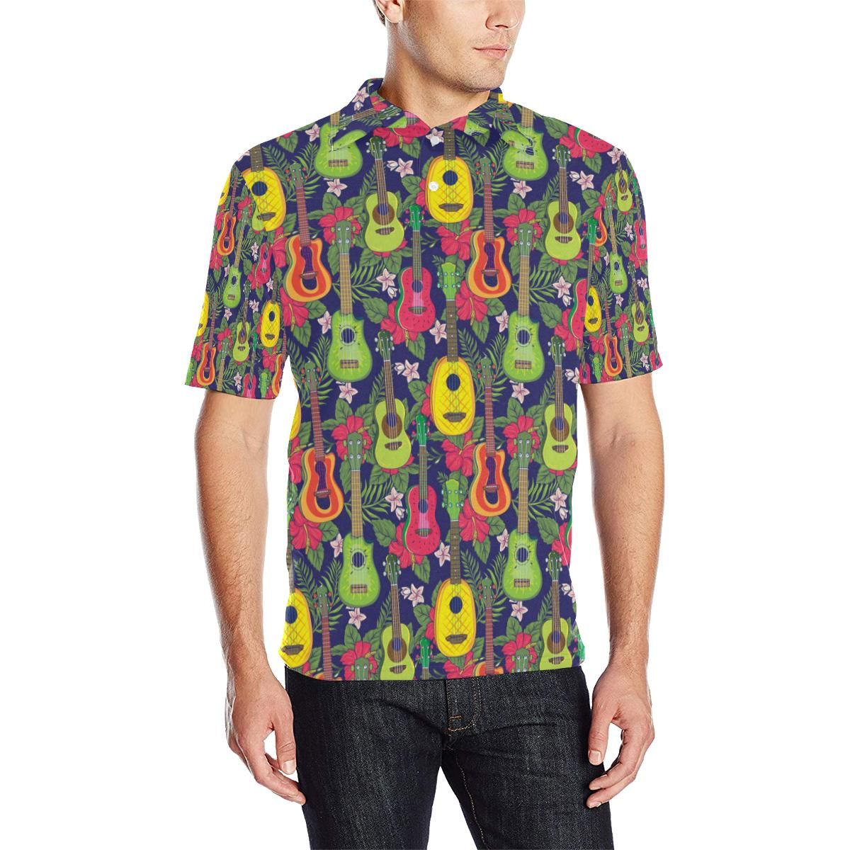 Ukulele Tropical Pattern Print Design 03 Men Polo Shirt Ukulele Tropical Pattern Print Design 03 Men Polo Shirt