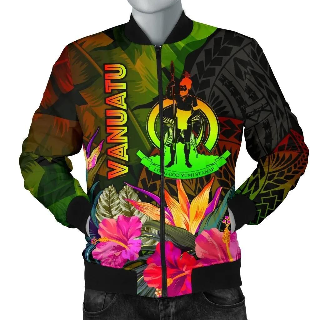Vanuatu Polynesian Men's Bomber Jacket - Hibiscus and Banana Leaves - BN15 Bomber Jacket Vanuatu Polynesian Men's Bomber Jacket - Hibiscus and Banana Leaves - BN15 Bomber Jacket