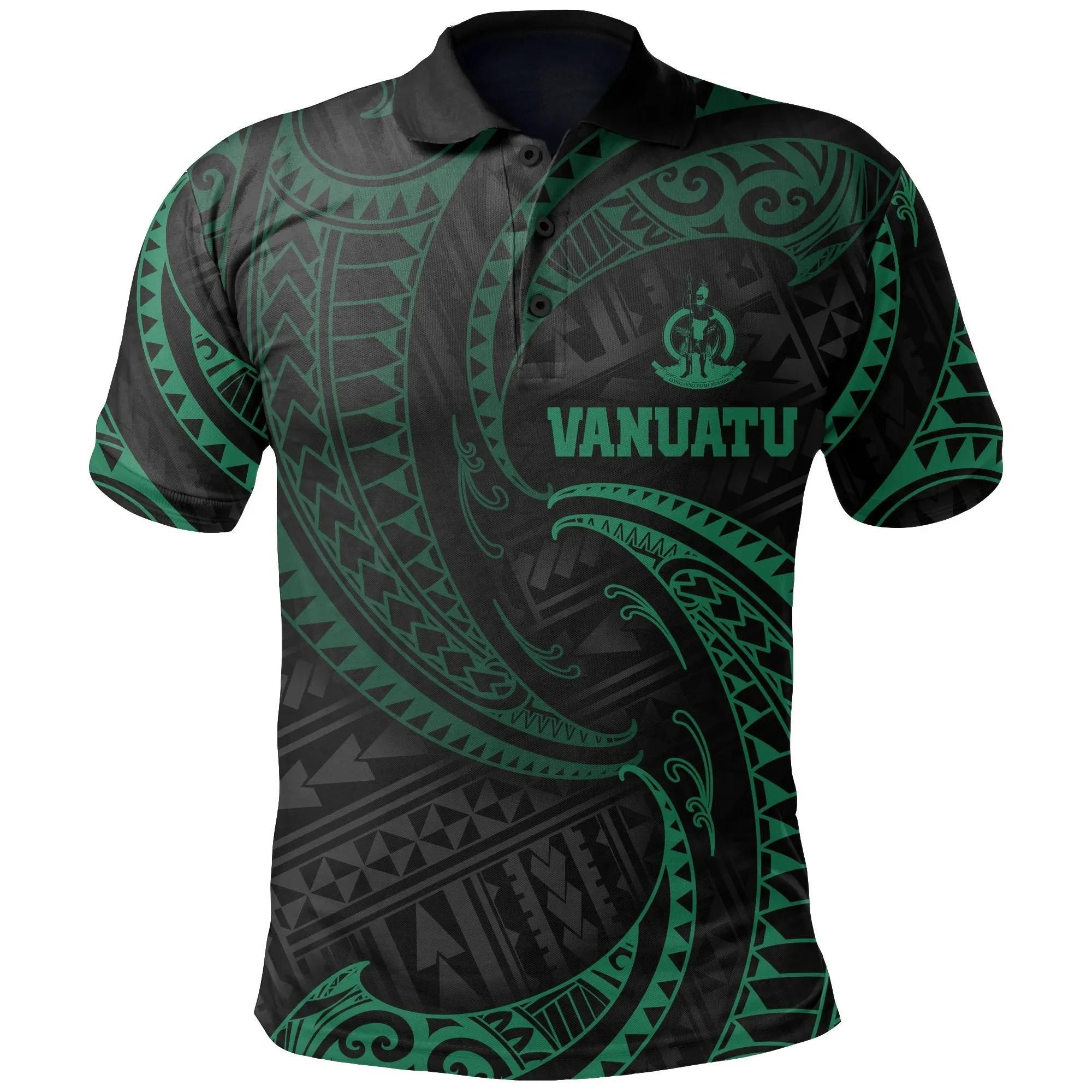 Vanuatu Polynesian Polo Shirt - Green Tribal Wave - BN12 Vanuatu Polynesian Polo Shirt - Green Tribal Wave - BN12