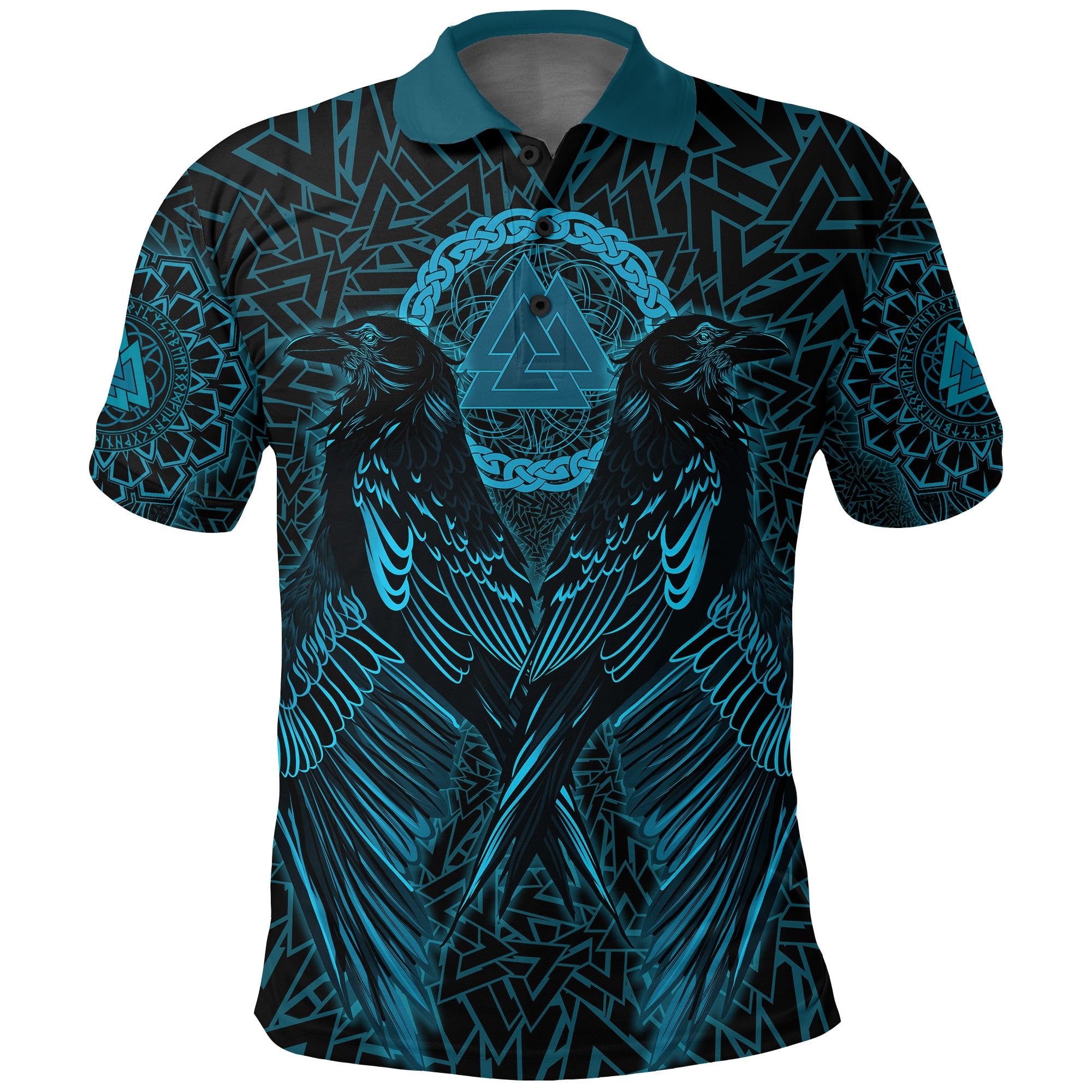 VikingStyle Polo Shirt Raven Valknut Cyan A15 VikingStyle Polo Shirt Raven Valknut Cyan A15