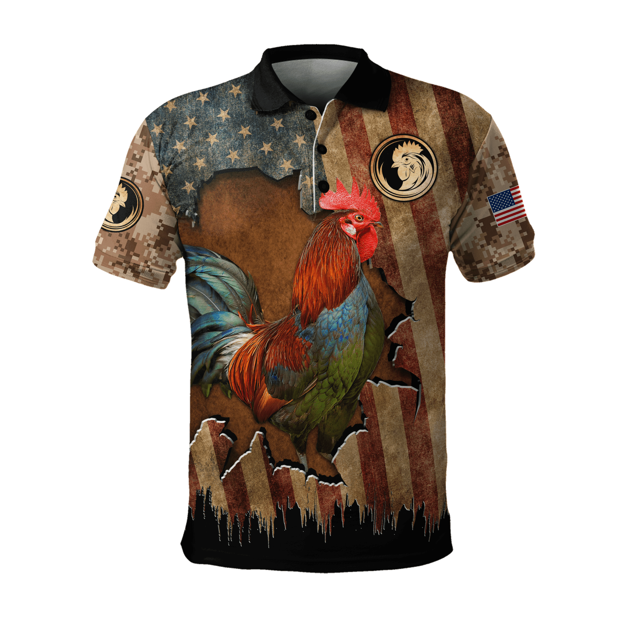 Vintage Rooster In Farm American Flag Polo Shirt Vintage Rooster In Farm American Flag Polo Shirt