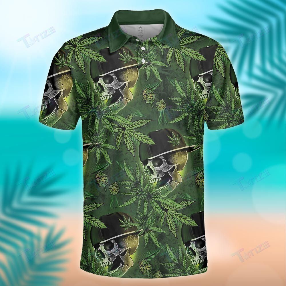 WEED LEAF AND SKULL GREEN PATTERN POLO SHIRT WEED LEAF AND SKULL GREEN PATTERN POLO SHIRT