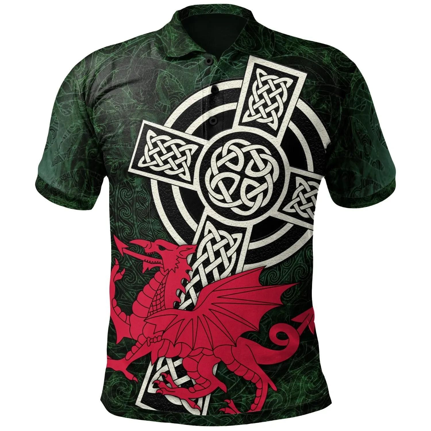 Wales Celtic Polo Shirt - Celtic Cross & Cymru Skew Style - BN22 Wales Celtic Polo Shirt - Celtic Cross & Cymru Skew Style - BN22