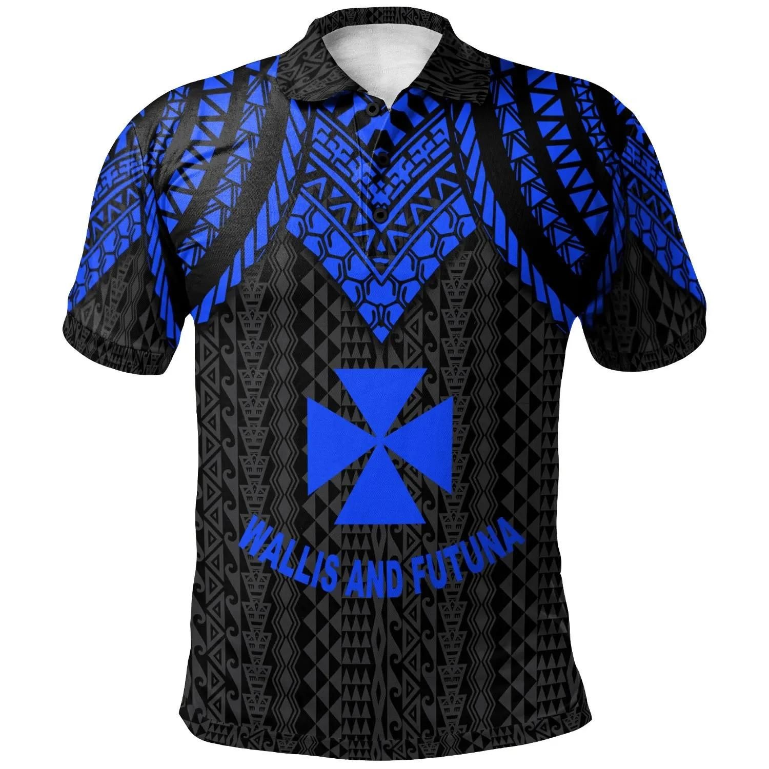 Wallis And Futuna Polo Shirt - Polynesian Armor Style Blue - BN39 Wallis And Futuna Polo Shirt - Polynesian Armor Style Blue - BN39