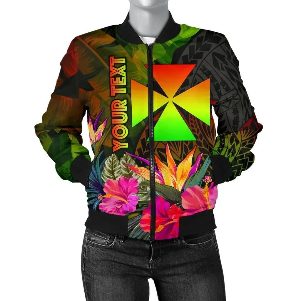 Wallis and Futuna Polynesian Personalised Women's Bomber Jacket - Hibiscus and Banana Leaves - BN15 Bomber Jacket Wallis and Futuna Polynesian Personalised Women's Bomber Jacket - Hibiscus and Banana Leaves - BN15 Bomber Jacket