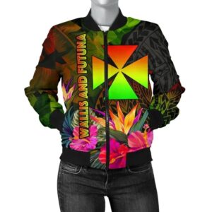 Wallis and Futuna Polynesian Women's Bomber Jacket - Hibiscus and Banana Leaves - BN15 Bomber Jacket