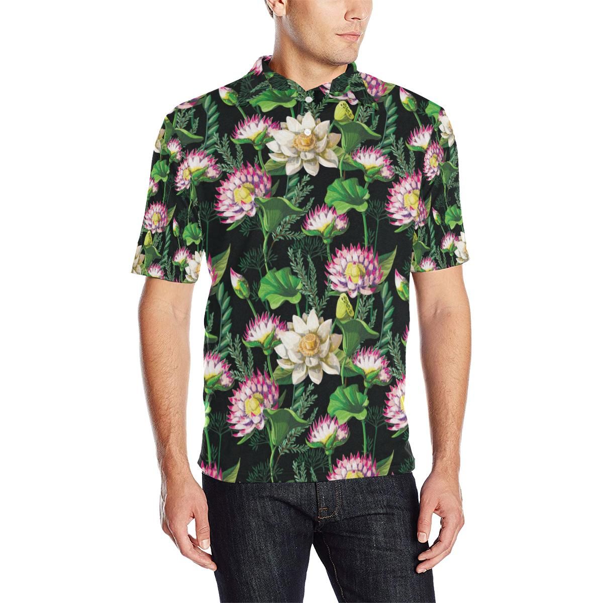 Water Lily Pattern Print Design Wl010 Men Polo Shirt Water Lily Pattern Print Design Wl010 Men Polo Shirt