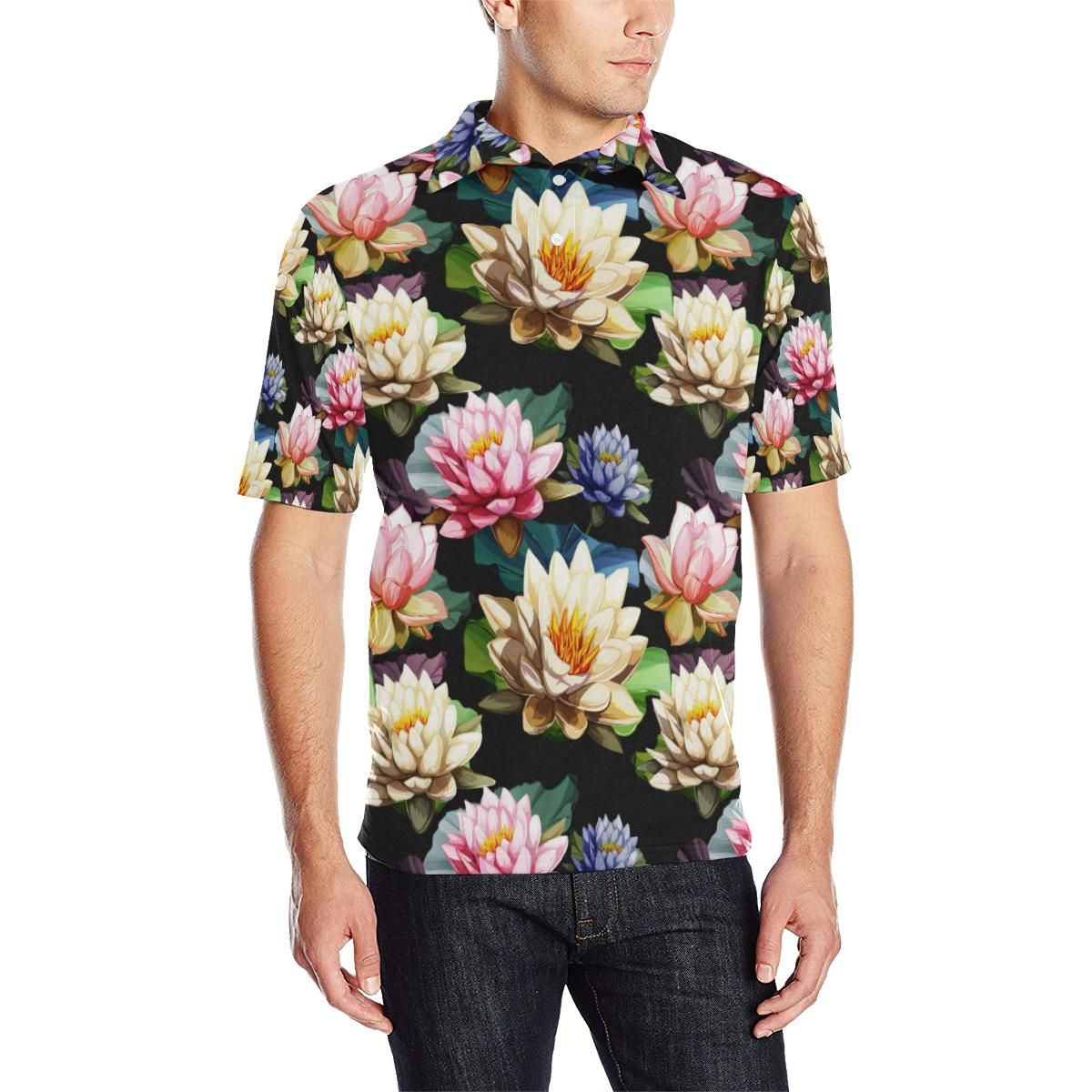 Water Lily Pattern Print Design Wl02 Men Polo Shirt Water Lily Pattern Print Design Wl02 Men Polo Shirt