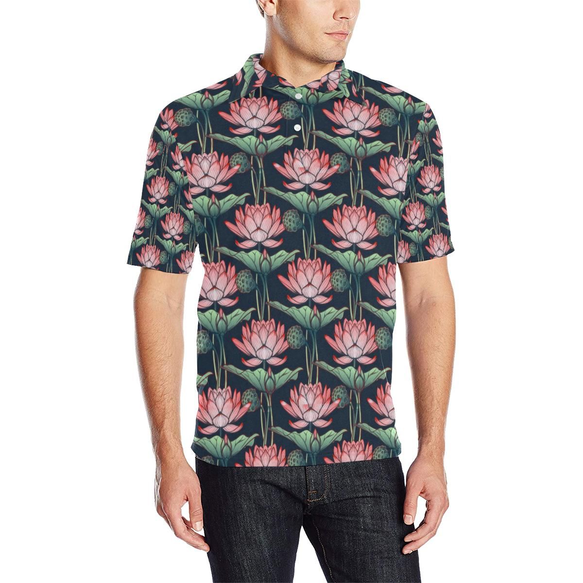 Water Lily Pattern Print Design Wl03 Men Polo Shirt Water Lily Pattern Print Design Wl03 Men Polo Shirt