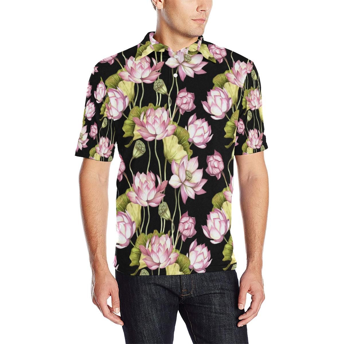 Water Lily Pattern Print Design Wl06 Men Polo Shirt Water Lily Pattern Print Design Wl06 Men Polo Shirt