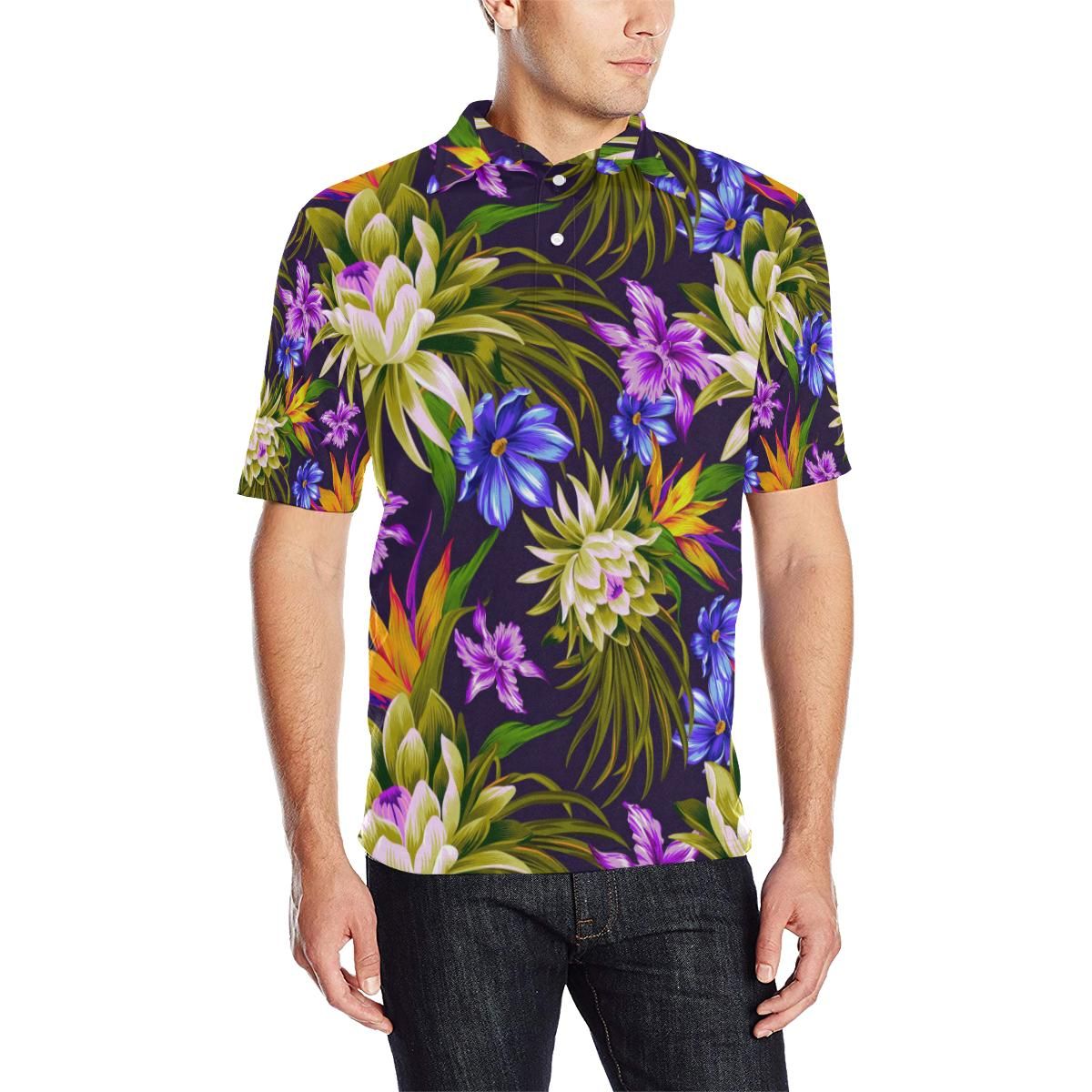 Water Lily Pattern Print Design Wl08 Men Polo Shirt Water Lily Pattern Print Design Wl08 Men Polo Shirt