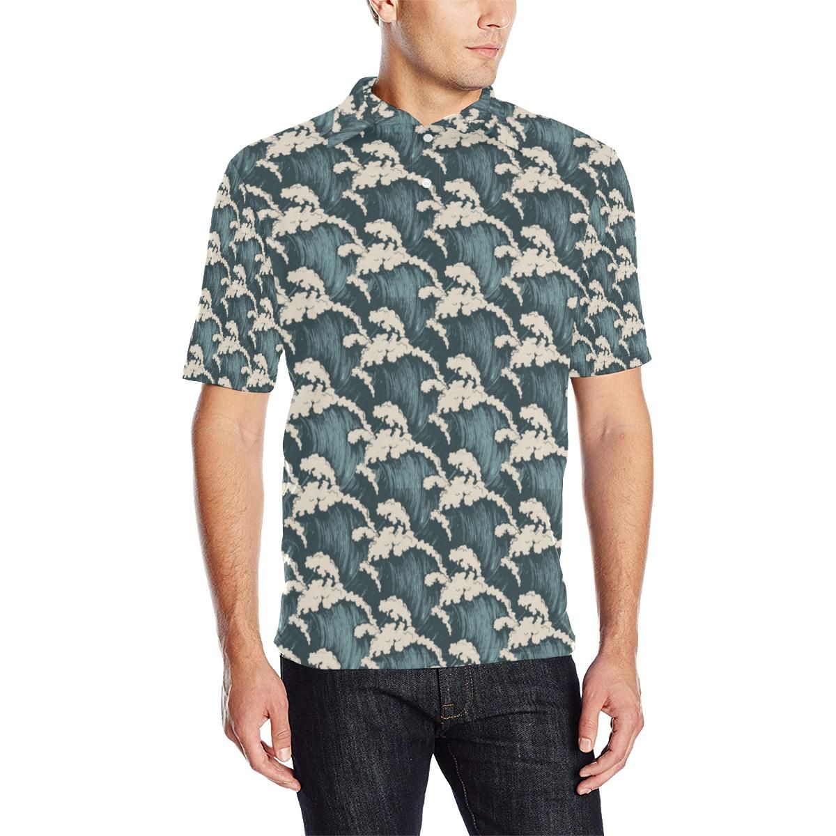 Wave Art Print Men Polo Shirt Wave Art Print Men Polo Shirt