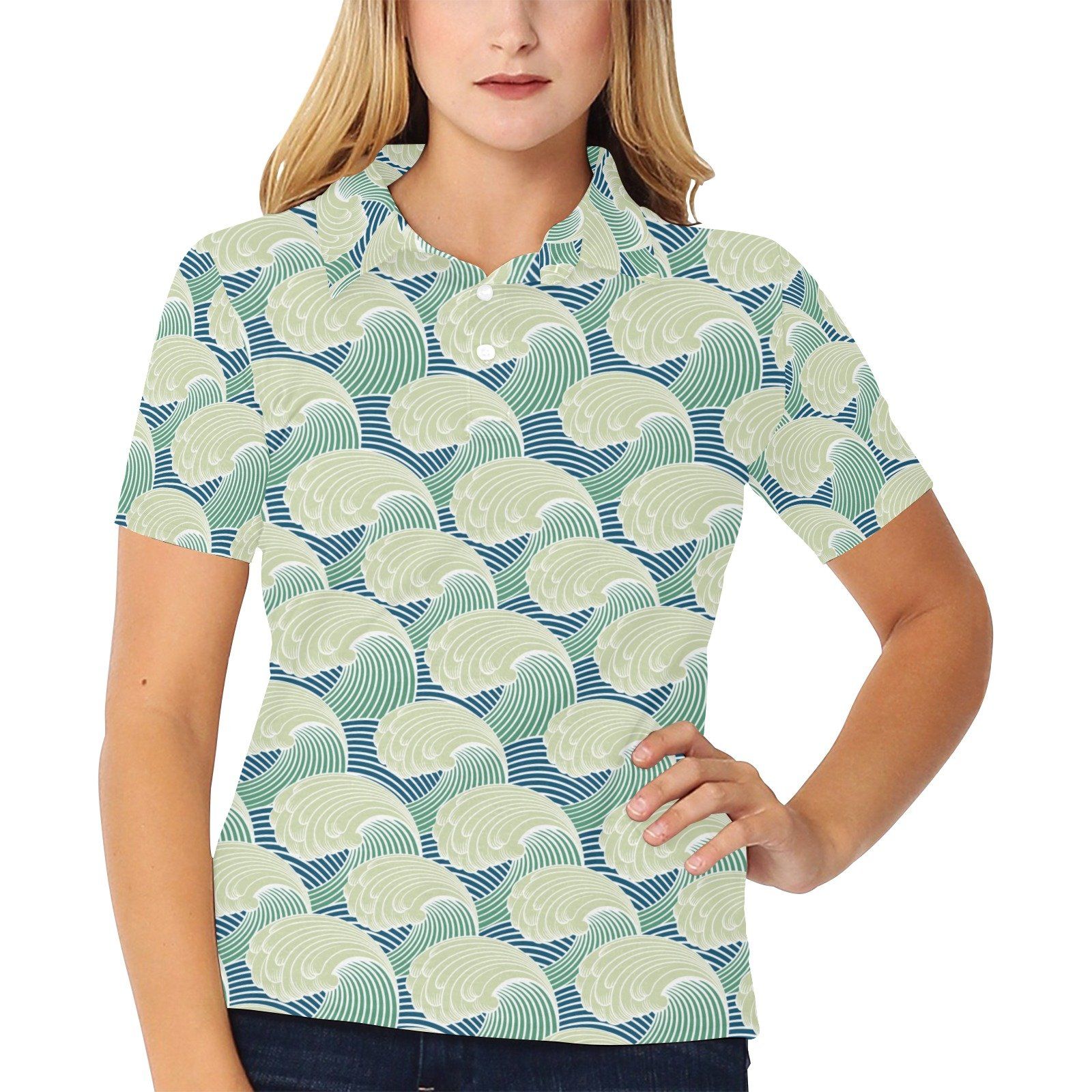 Wave Japan Style Print Design Lks302 Women'S Polo Shirt Wave Japan Style Print Design Lks302 Women'S Polo Shirt