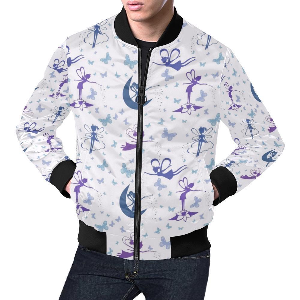 White Fairy Pattern Print Mens Bomber Jacket White Fairy Pattern Print Mens Bomber Jacket
