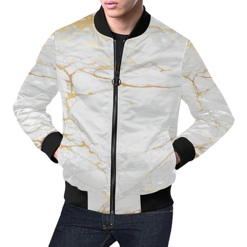 White Gold Marble Pattern Print Mens Bomber Jacket White Gold Marble Pattern Print Mens Bomber Jacket