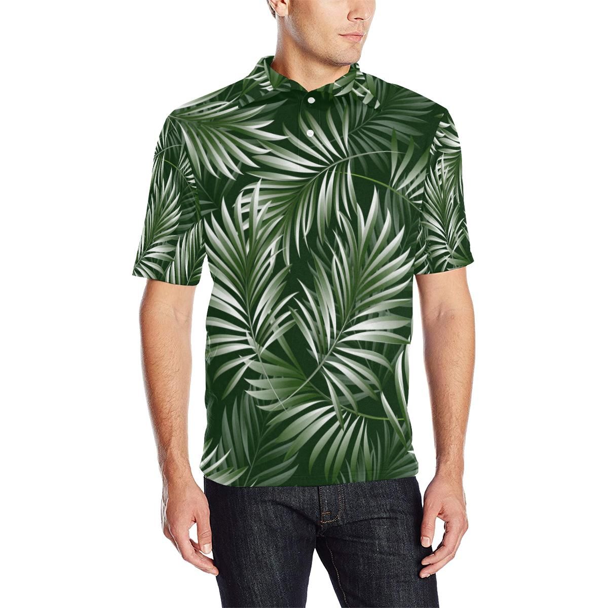 White Green Tropical Palm Leaves Men Polo Shirt White Green Tropical Palm Leaves Men Polo Shirt