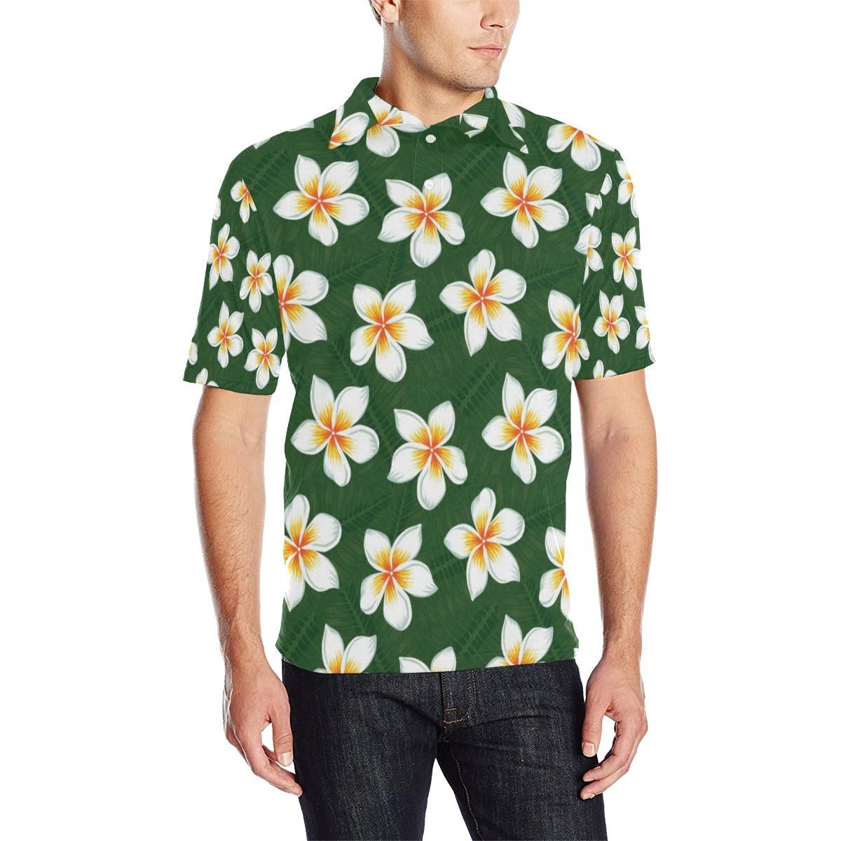 White Plumeria Pattern Print Design Pm020 Men Polo Shirt White Plumeria Pattern Print Design Pm020 Men Polo Shirt