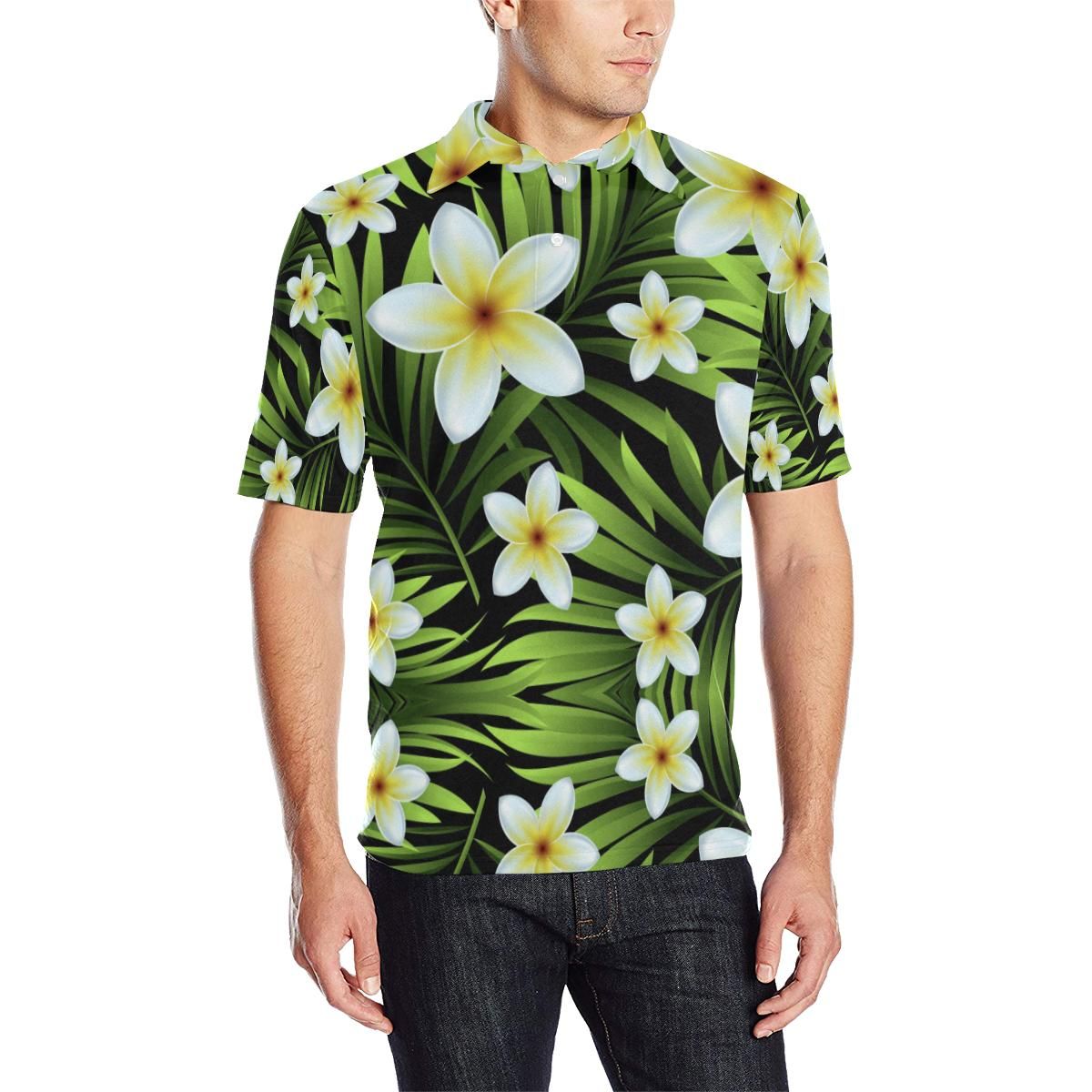 White Plumeria Pattern Print Design Pm06 Men Polo Shirt White Plumeria Pattern Print Design Pm06 Men Polo Shirt