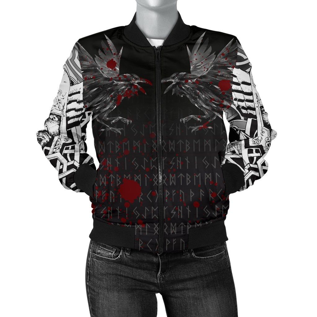 Women's Bomber Jacket - Odin Huginn and Muninn Rune Blood A27 Bomber Jacket Women's Bomber Jacket - Odin Huginn and Muninn Rune Blood A27 Bomber Jacket