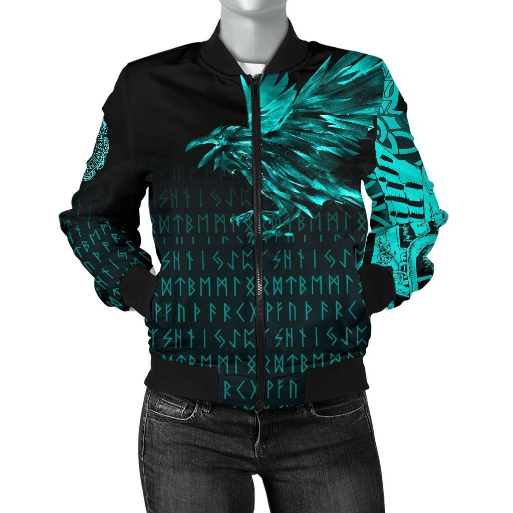 Women's Bomber Jacket - The Raven Of Odin Rune Cyan A27 Bomber Jacket Women's Bomber Jacket - The Raven Of Odin Rune Cyan A27 Bomber Jacket