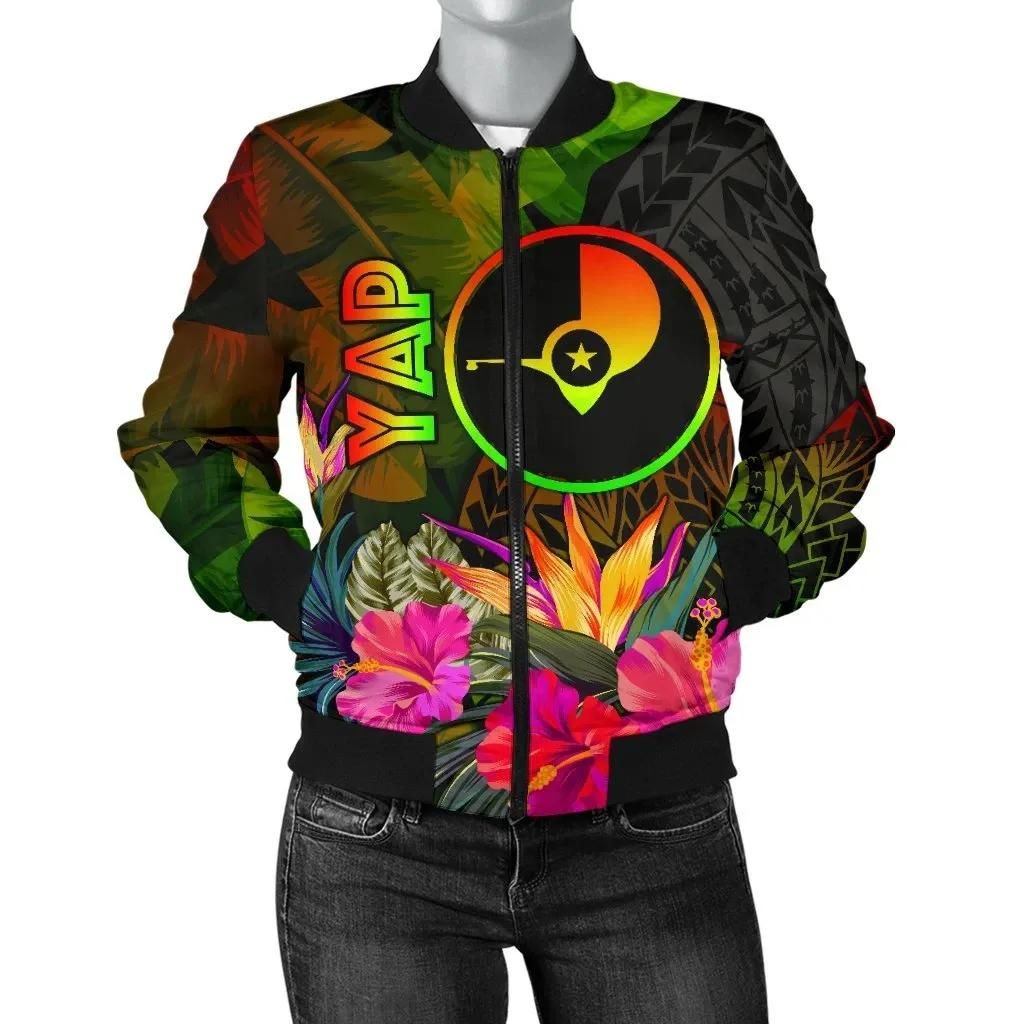 YAP Polynesian Women's Bomber Jacket- Hibiscus and Banana Leaves - BN15 Bomber Jacket YAP Polynesian Women's Bomber Jacket- Hibiscus and Banana Leaves - BN15 Bomber Jacket