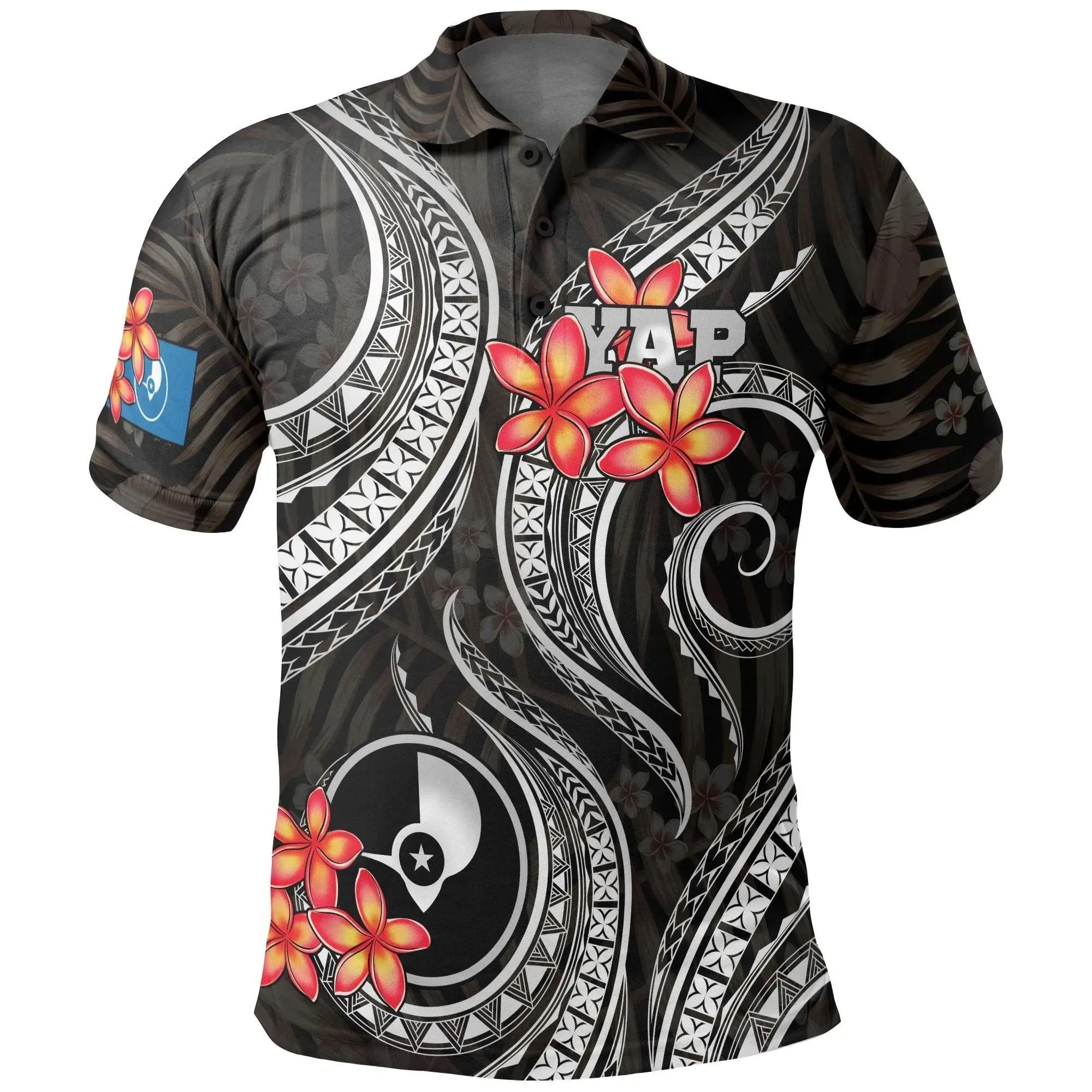 Yap Micronesian Polo Shirt - Black Plumeria - BN11 Yap Micronesian Polo Shirt - Black Plumeria - BN11