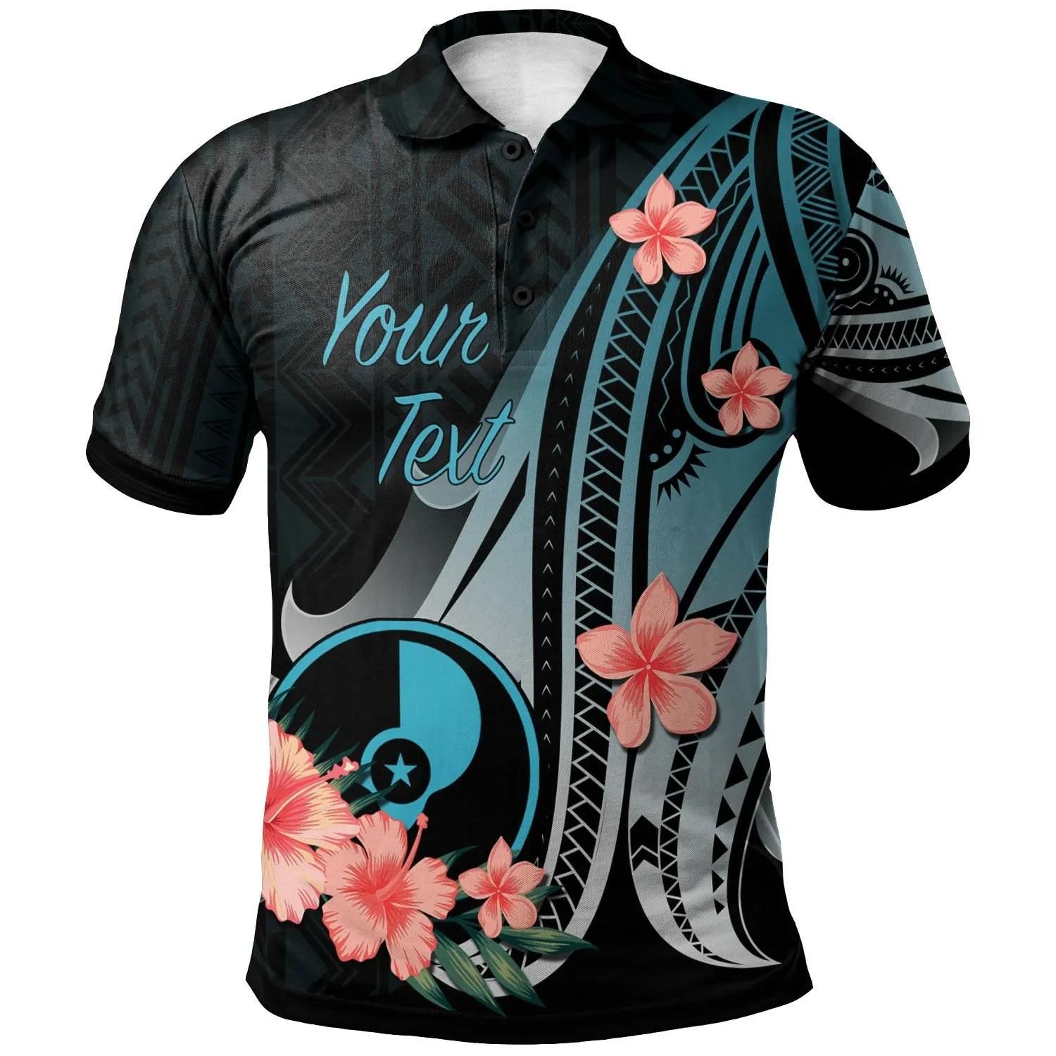Yap Personalised Custom Polo Shirt - Turquoise Polynesian Hibiscus Pattern Style - BN27 Yap Personalised Custom Polo Shirt - Turquoise Polynesian Hibiscus Pattern Style - BN27