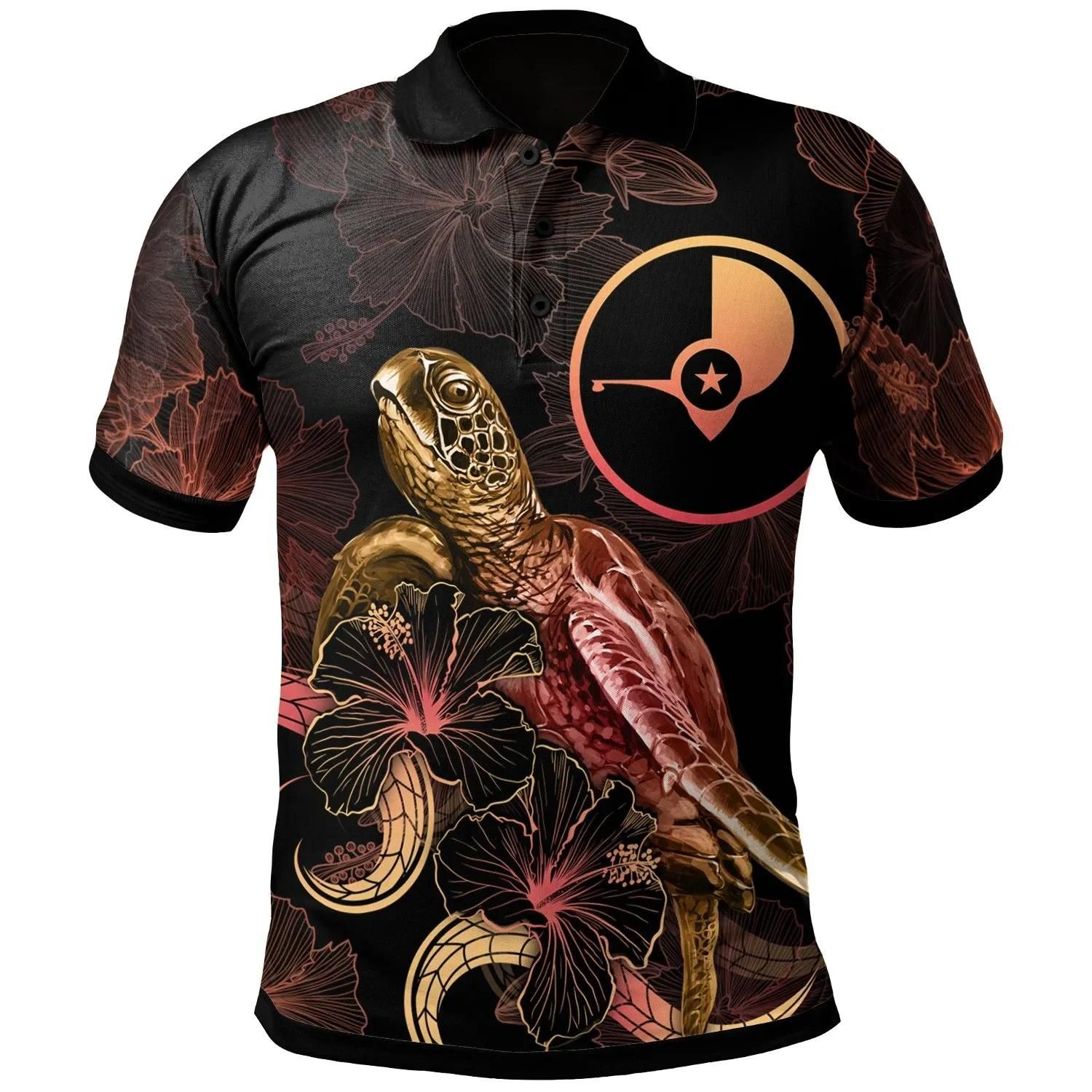 Yap Polynesian Polo Shirt - Turtle With Blooming Hibiscus Gold - BN22 Yap Polynesian Polo Shirt - Turtle With Blooming Hibiscus Gold - BN22
