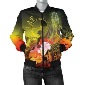 Yap Women's Bomber Jacket - Humpback Whale with Tropical Flowers (Yellow) - BN18 Bomber Jacket