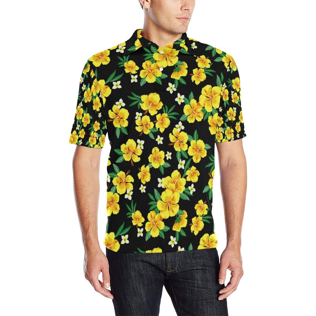 Yellow Hibiscus Pattern Print Design Hb08 Men Polo Shirt Yellow Hibiscus Pattern Print Design Hb08 Men Polo Shirt