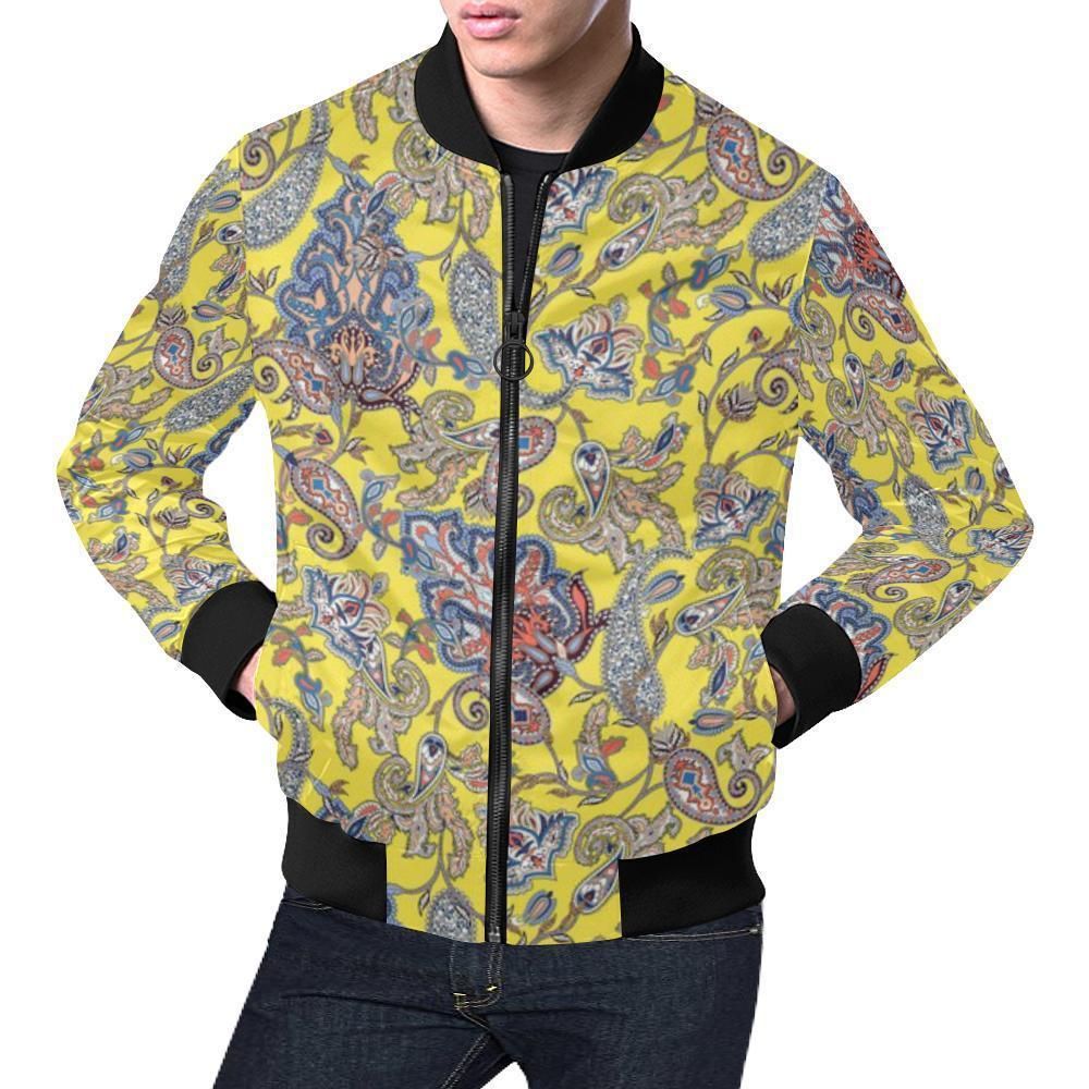 Yellow Paisley Pattern Print Mens Bomber Jacket Yellow Paisley Pattern Print Mens Bomber Jacket